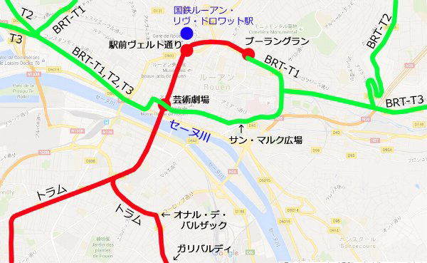 ルーアンのトラムBRT路線図